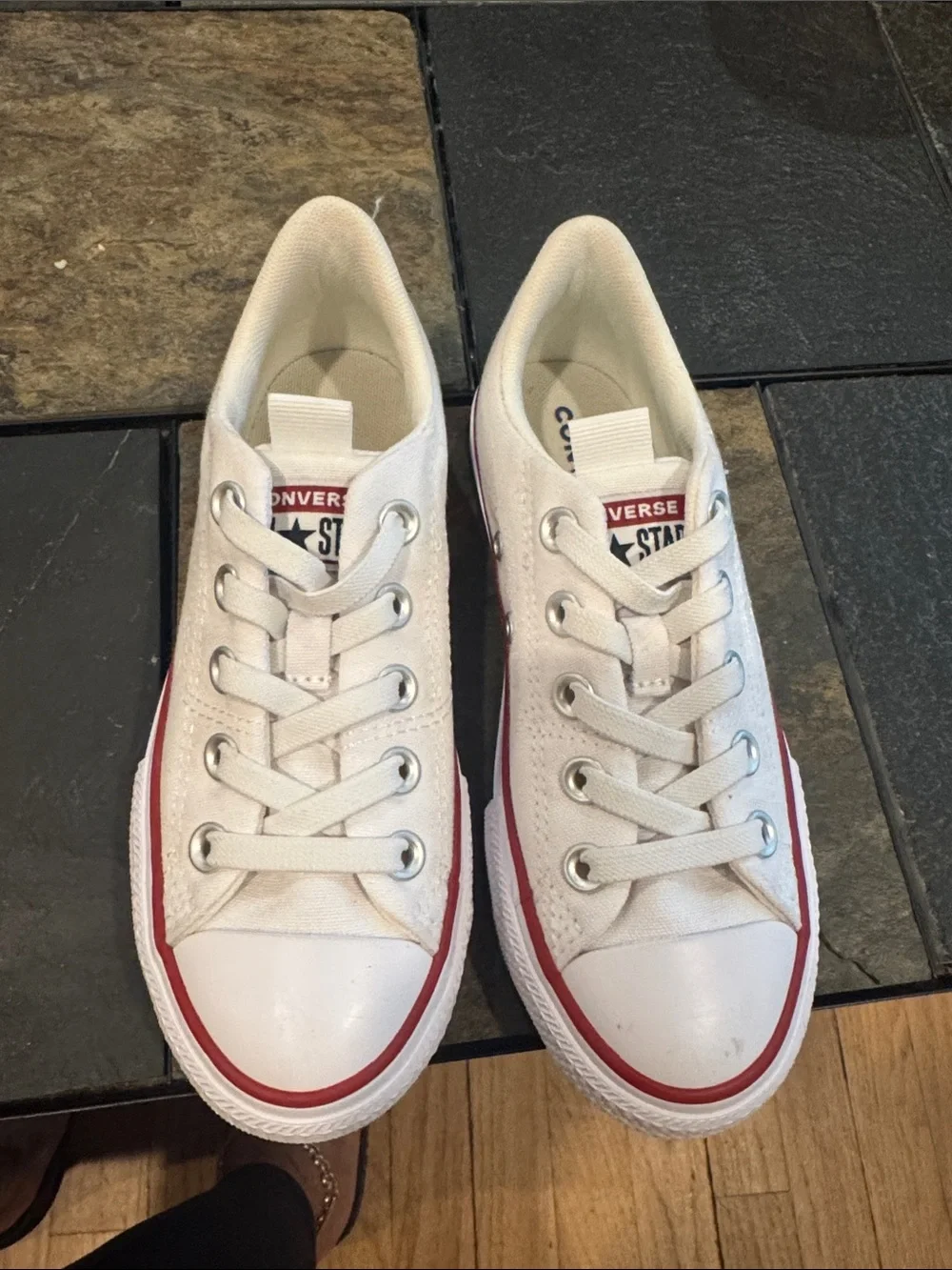 Converse Kids Low Top Canvas Sneakers in White with Red Trim